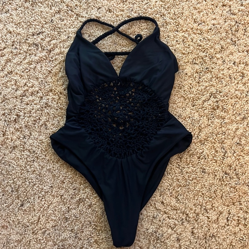Frankie’s Bikinis Crochet One-piece in Black (S)